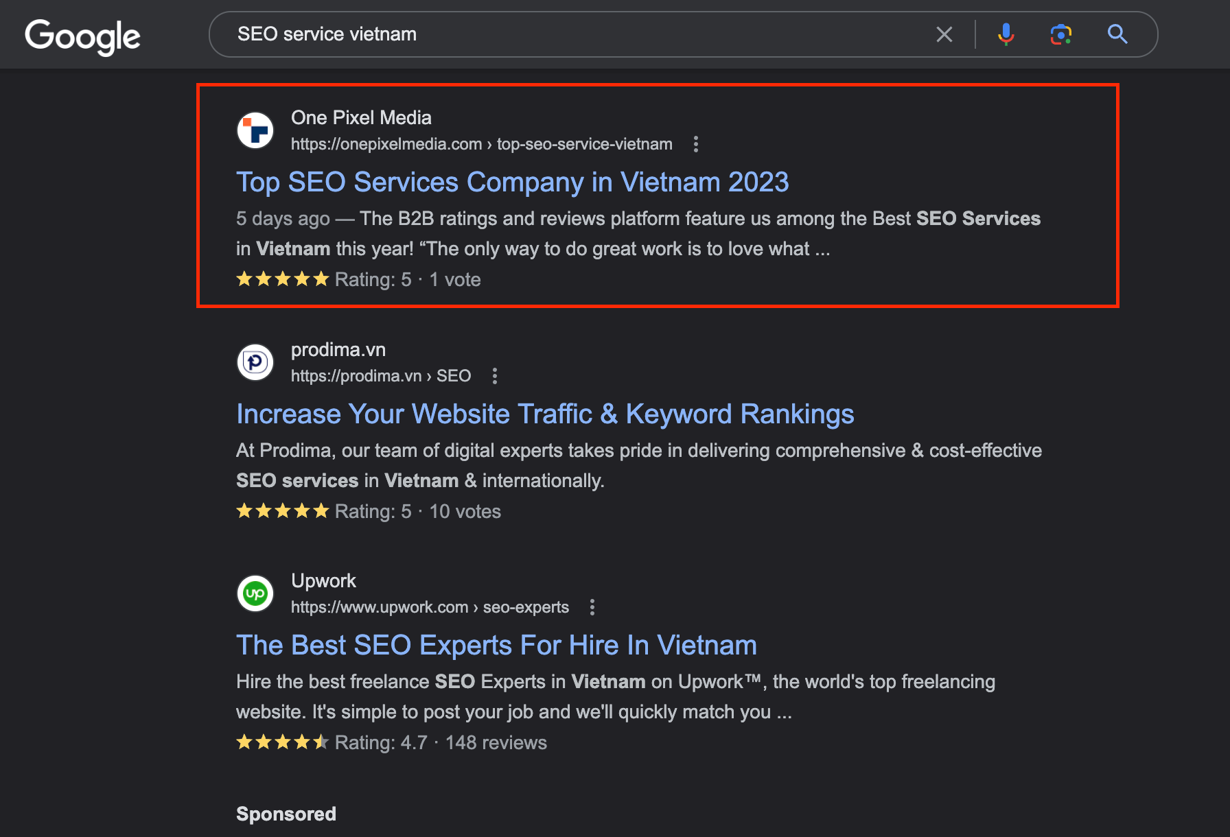 Example: You go to Google and search for “SEO service Vietnam” and see One Pixel Media website.